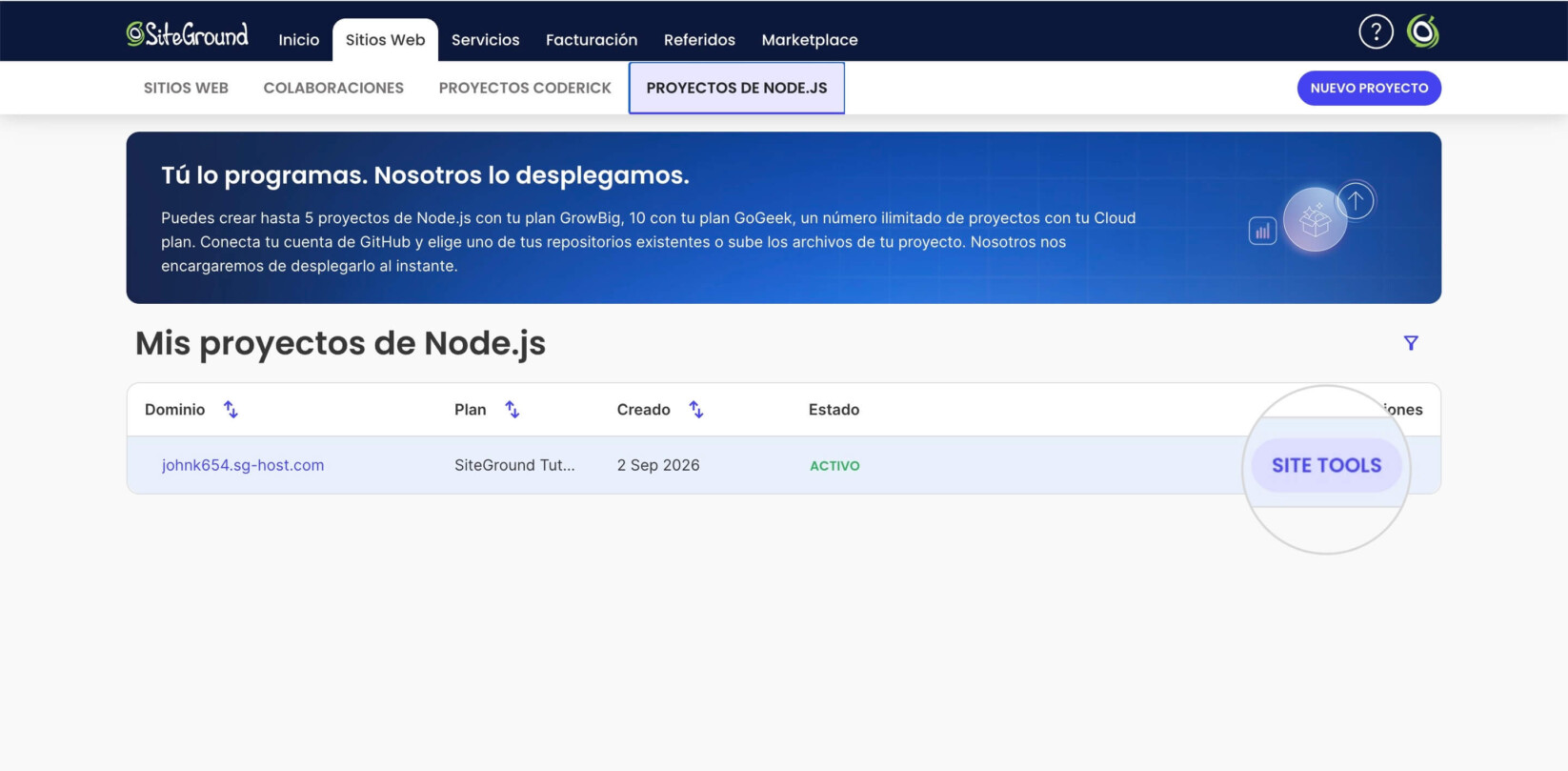 Sección de Proyectos Node.js en el Área de Cliente de SiteGround que muestra un botón de Site Tools resaltado para un proyecto