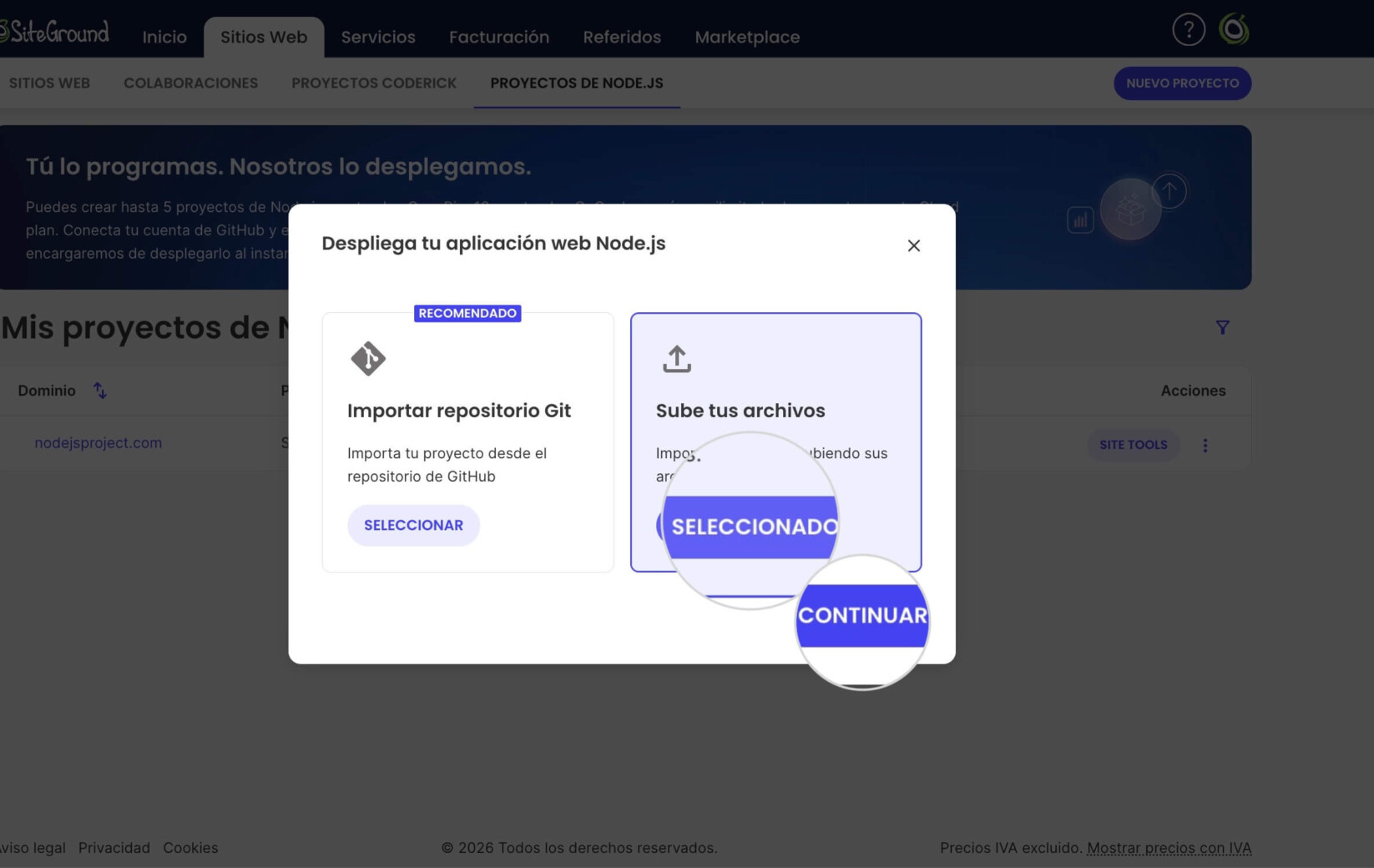 Primera página del asistente de configuración para un nuevo proyecto de Node.js presentando las dos opciones: Importar repositorio de GitHub y Subir tus archivos