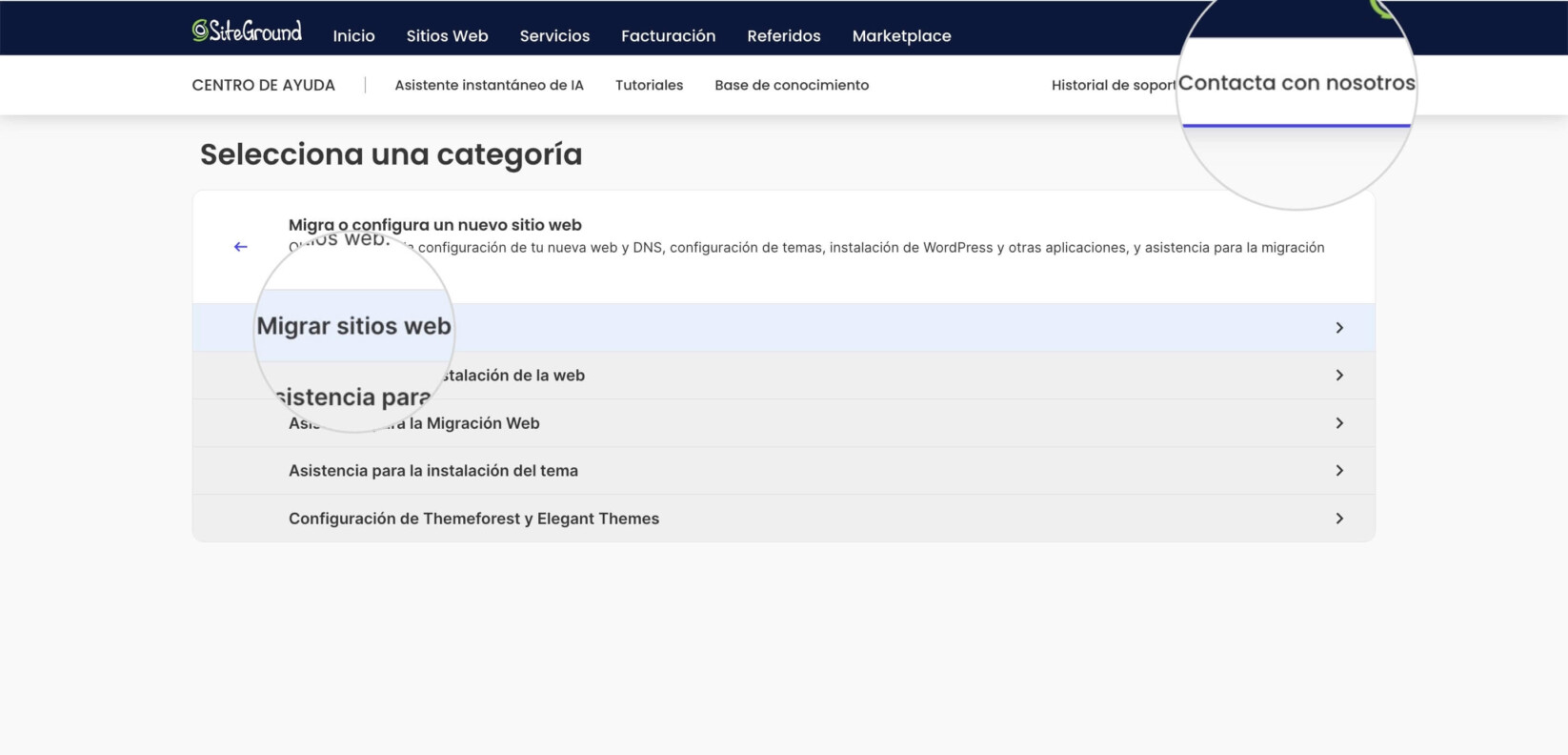 Menú del servicio de asistencia en el Área de Cliente de SiteGround con opciones para transferir un sitio web