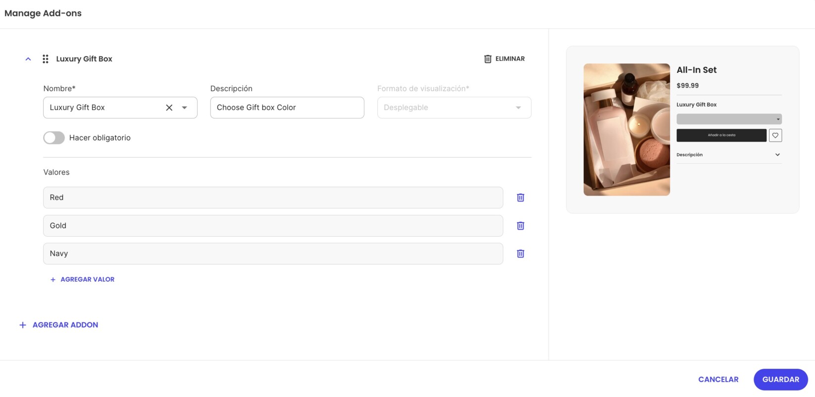 egún la opción que selecciones, se generarán automáticamente la descripción y los valores