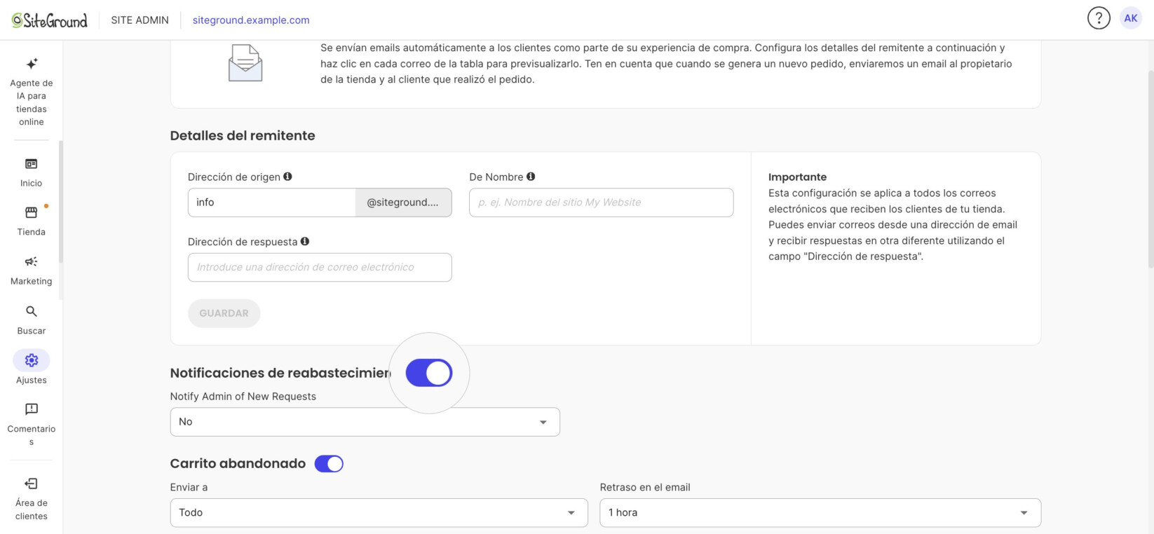 Sistema de emails con el interruptor Notificaciones de reabastecimiento activado y ampliado; el valor actual es No
