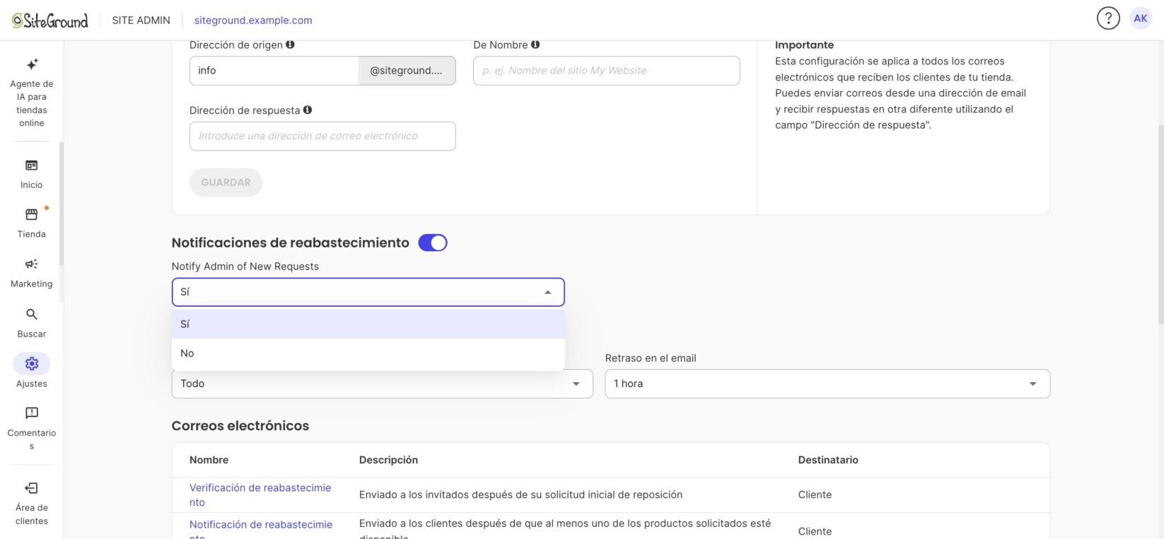 Menú Notify Admin of New Requests abierto con las opciones Sí y No; Sí está seleccionado