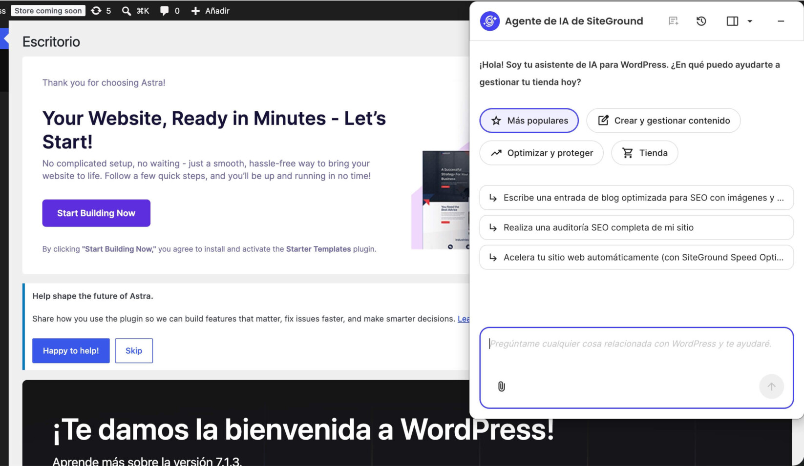 Cuadro de chat del AI Agent for WordPress de SiteGround dentro del panel de control de un sitio web