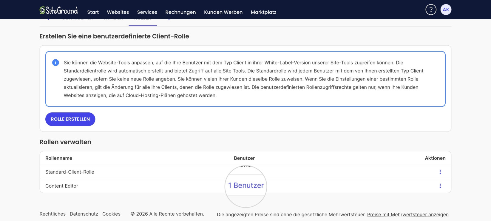 Die Tabelle „Rollen verwalten“ mit der Rolle Content Editor, die „1 Benutzer“ in der Spalte Benutzer anzeigt.