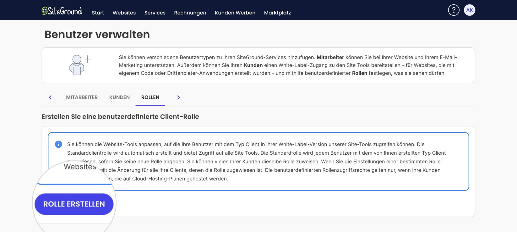 Bildschirm „Benutzer verwalten“, Reiter Rollen: der Bereich „Benutzerdefinierte Client-Rolle erstellen“ mit der Schaltfläche ROLLE ERSTELLEN.
