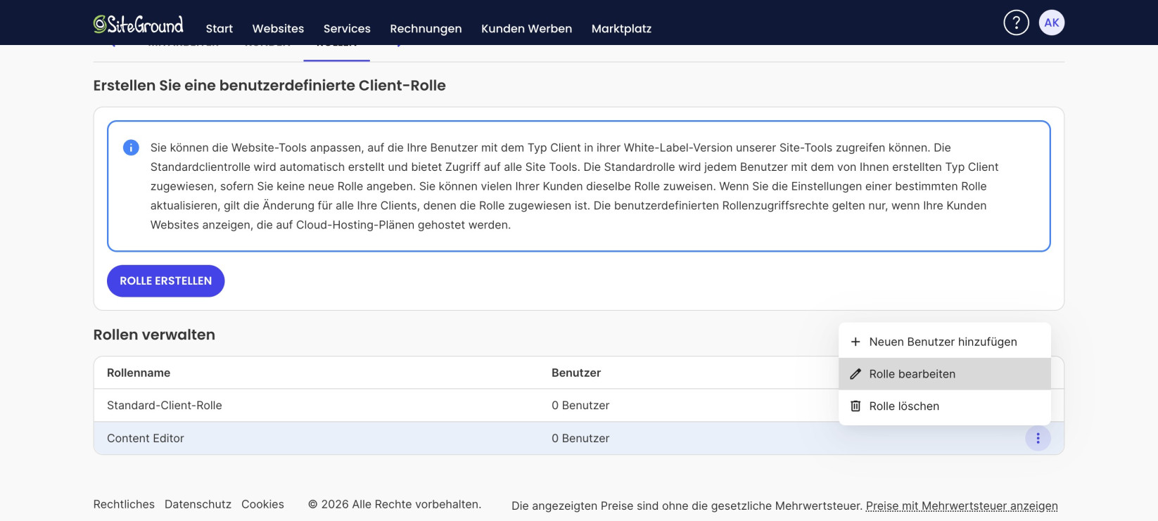 Das Aktionsmenü (⋮) einer benutzerdefinierten Rolle geöffnet, mit hervorgehobenem „Rolle bearbeiten“ neben „Neuen Benutzer hinzufügen“ und „Rolle löschen“.