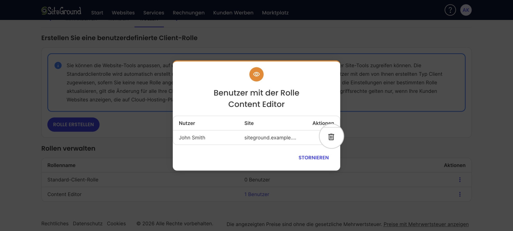 Pop-up „Benutzer mit der Rolle“ mit dem zugewiesenen Kunden und der Website sowie einem Papierkorb-Symbol, um den Benutzer aus der Rolle zu entfernen.
