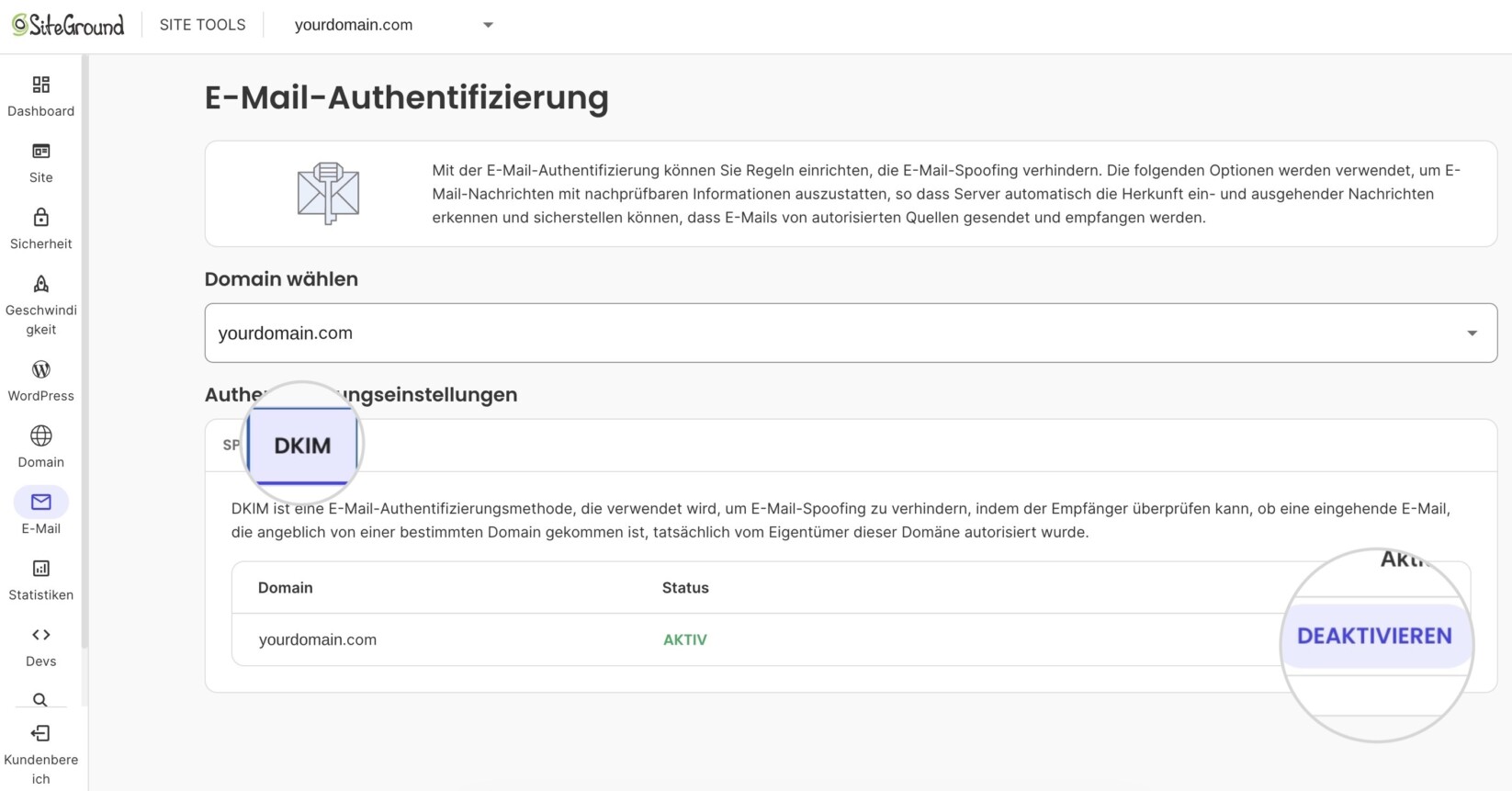 Seite „E-Mail-Authentifizierung“ in den SiteGround Site Tools mit geöffnetem DKIM-Tab und dem Status „Aktiv“ für yourdomain.com