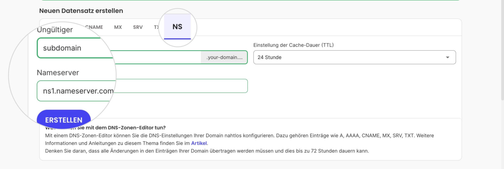 NS-Eintragseinstellungen im DNS-Zonen-Editor im SiteGround-Kundenbereich