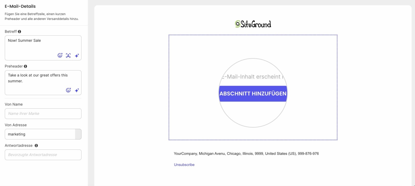 Screenshot der Schaltfläche Abschnitt hinzufügen im E-Mail-Builder