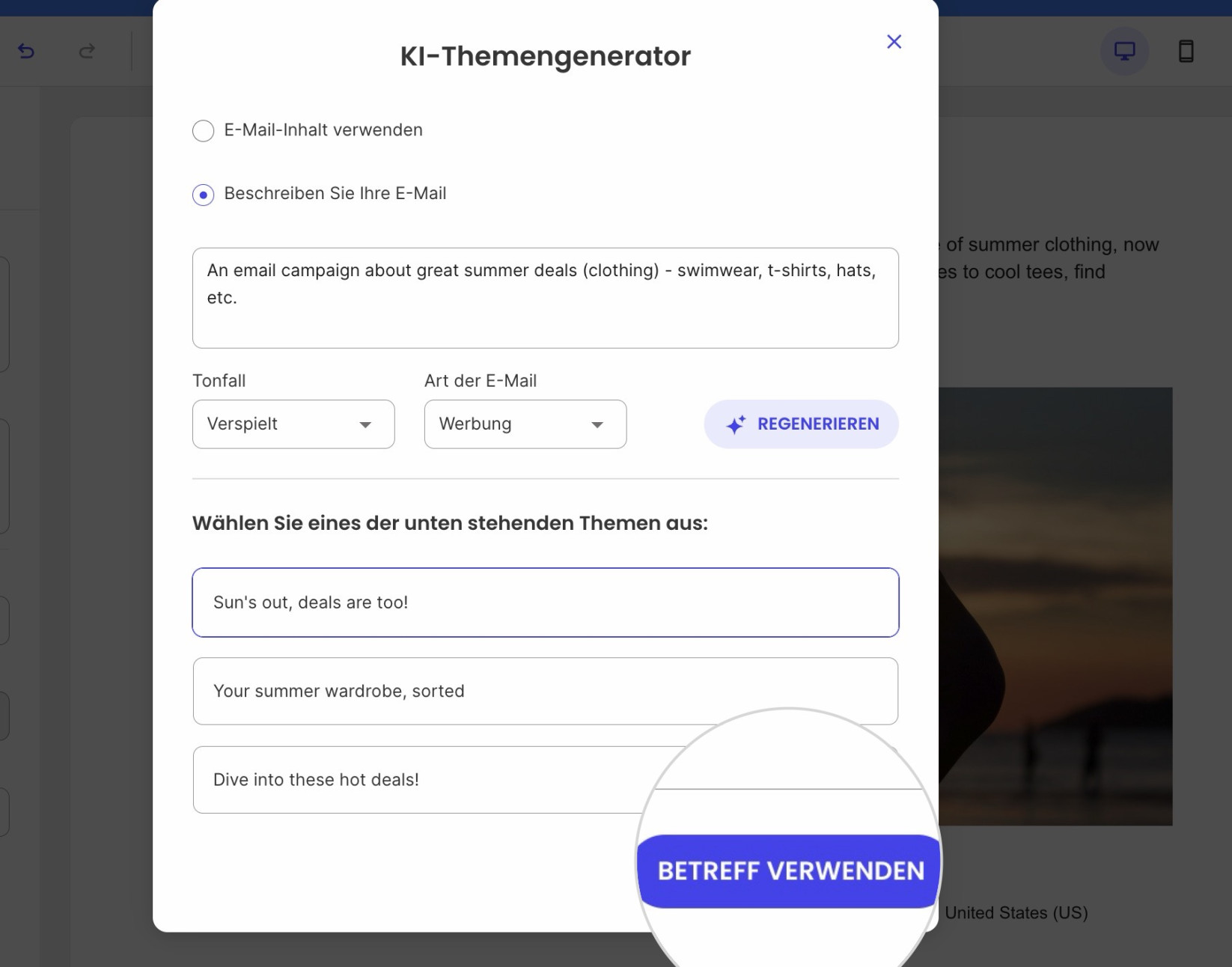 Wählen Sie im nächsten Fenster die bevorzugte Option aus und klicken auf die Schaltfläche „BETREFF VERWENDEN“