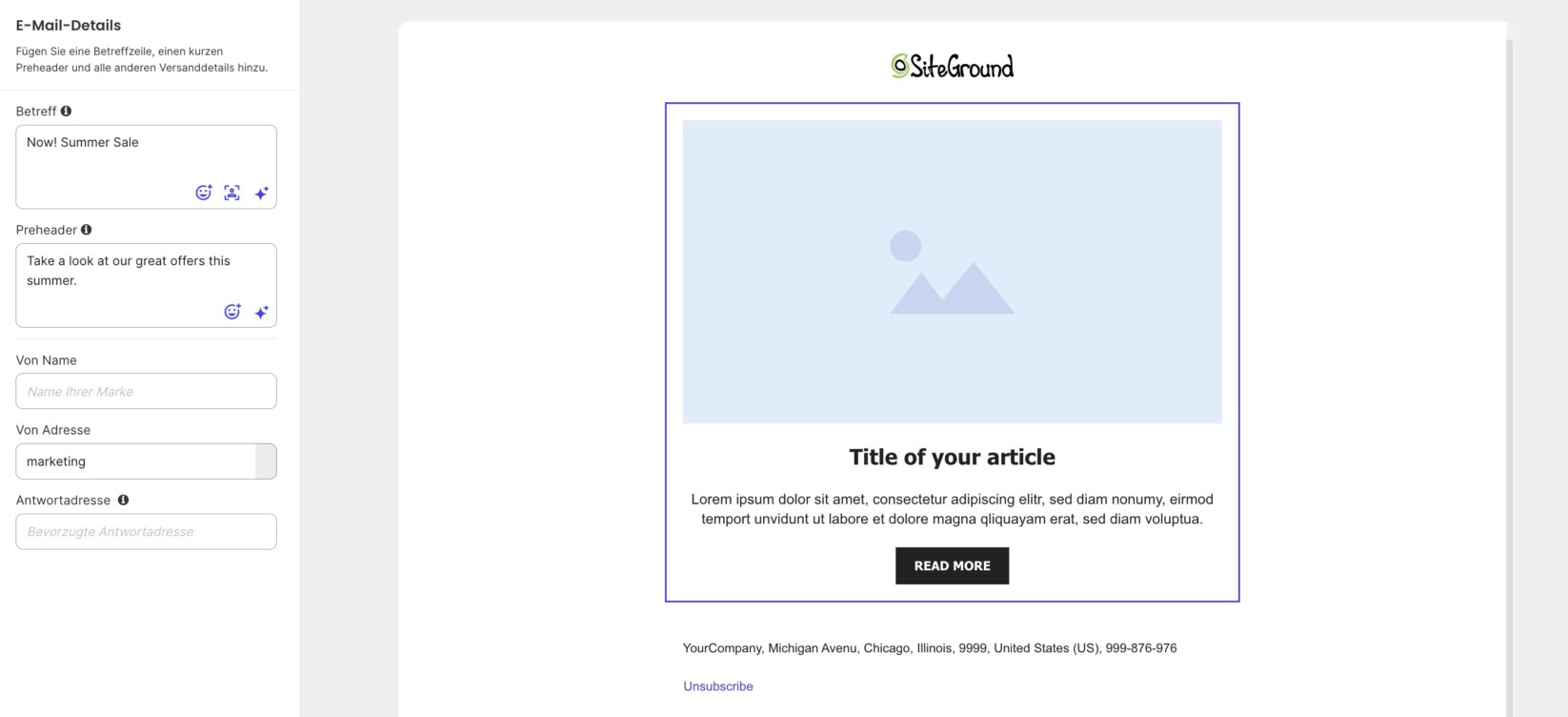 Screenshot, der zeigt, wie Sie ein Layout für Ihren Bereich auswählen