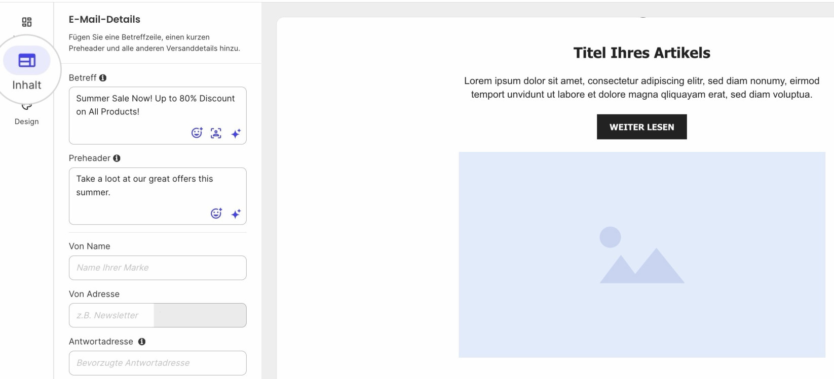 Screenshot der Registerkarte Inhalt im E-Mail-Baukasten von SiteGround E-Mail Marketing
