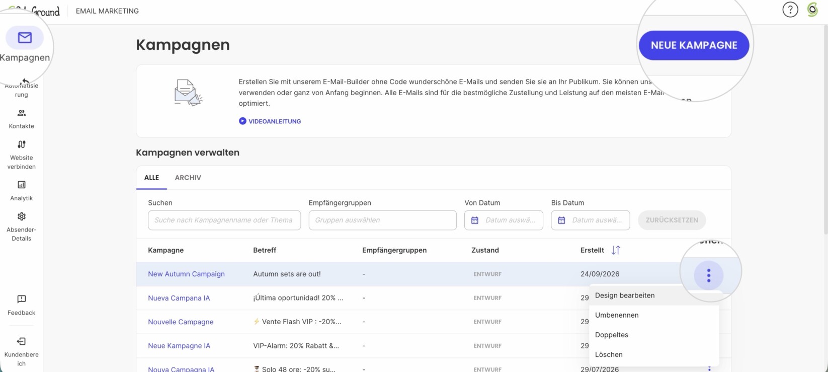 Screenshot der Schaltfläche Neue Kampagne erstellen, um auf den E-Mail-Builder von SiteGround E-Mail-Marketing zuzugreifen