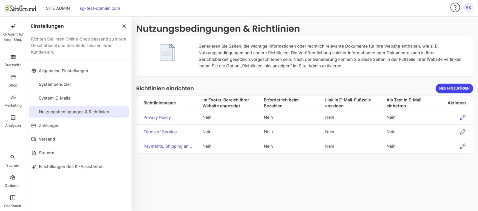 Seite „Nutzungsbedingungen & Richtlinien" im SiteGround Site-Admin mit der Tabelle der eingerichteten Richtlinien und der Schaltfläche „Neu hinzufügen"