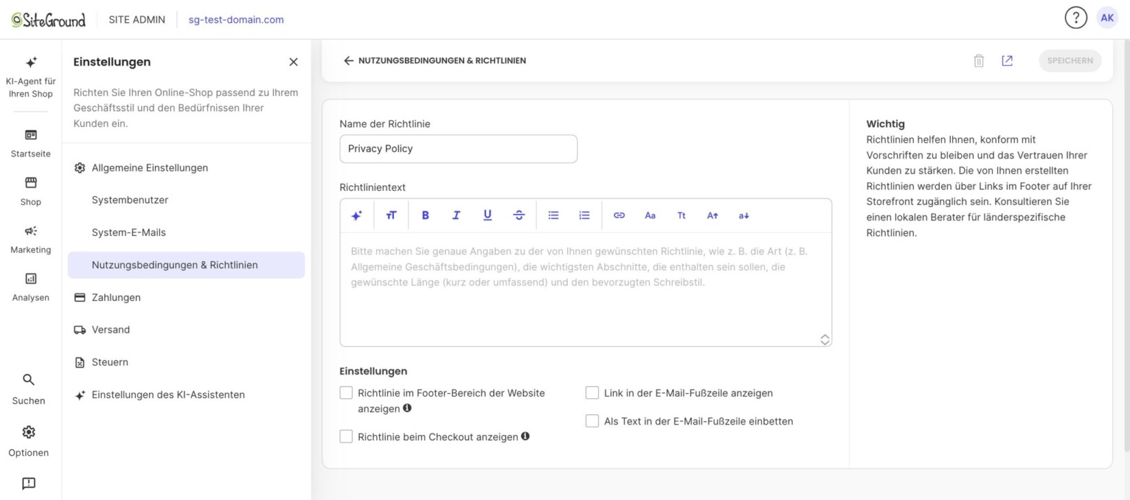 Bearbeitungsansicht einer Richtlinie mit Feld für den Richtliniennamen, Texteditor und Optionen zur Anzeige im Footer, beim Checkout und in E-Mails