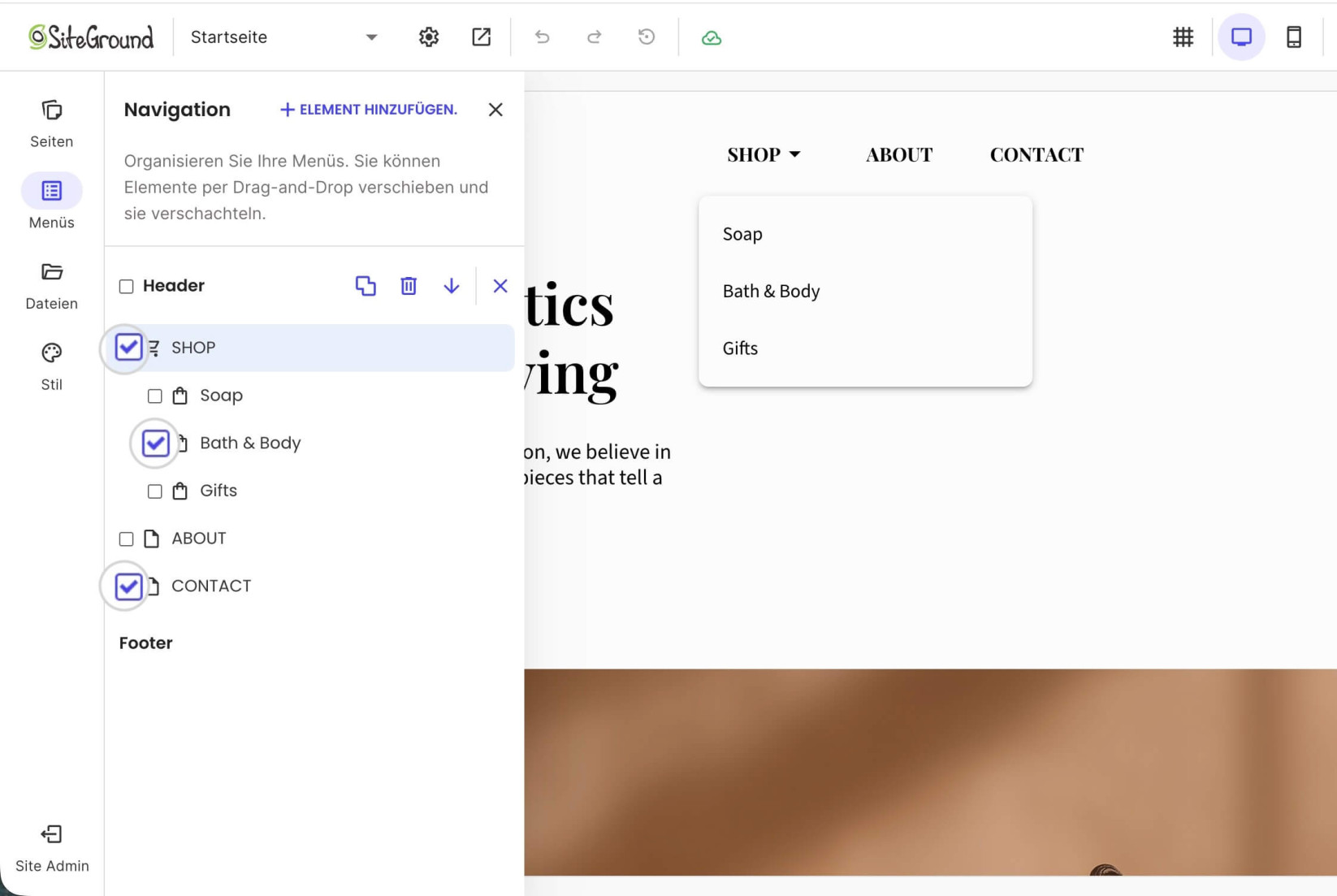 Menüs-Abschnitt im Website Builder, in dem die Option Stapelbearbeitung für ein Menü aktiviert ist. Menüpunkte werden durch Markieren ihrer Kontrollkästchen ausgewählt