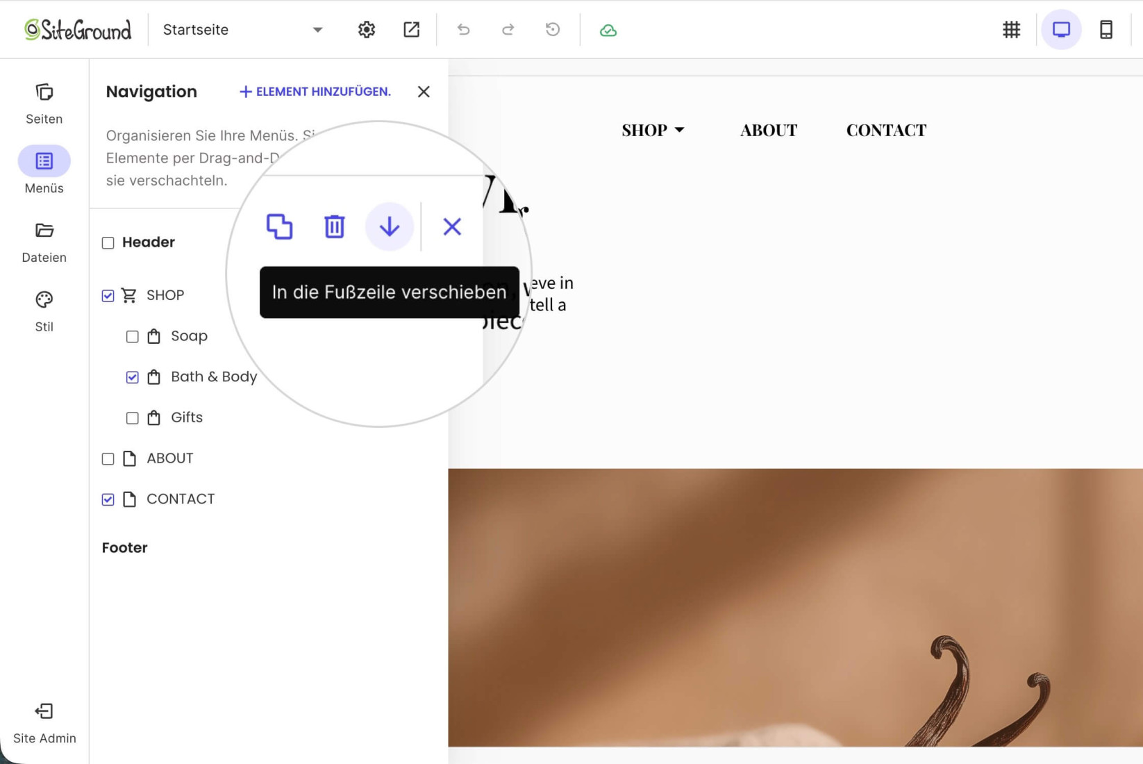 Menüs-Abschnitt im Website Builder mit Stapelbearbeitungsoptionen für ein Menü