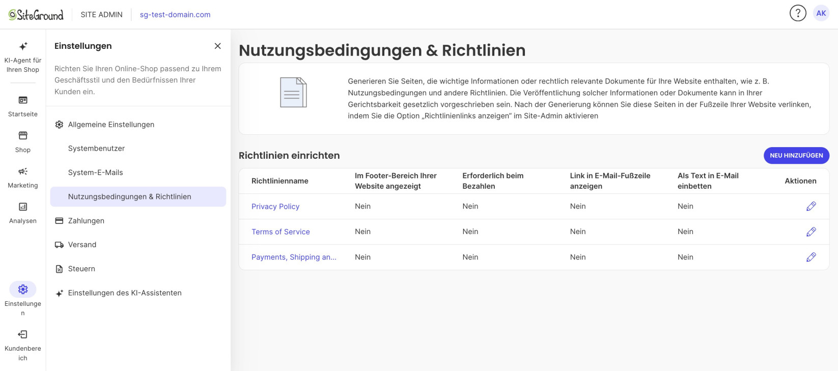 Seite „Nutzungsbedingungen & Richtlinien" im SiteGround Site-Admin mit der Tabelle der eingerichteten Richtlinien und der Schaltfläche „Neu hinzufügen"