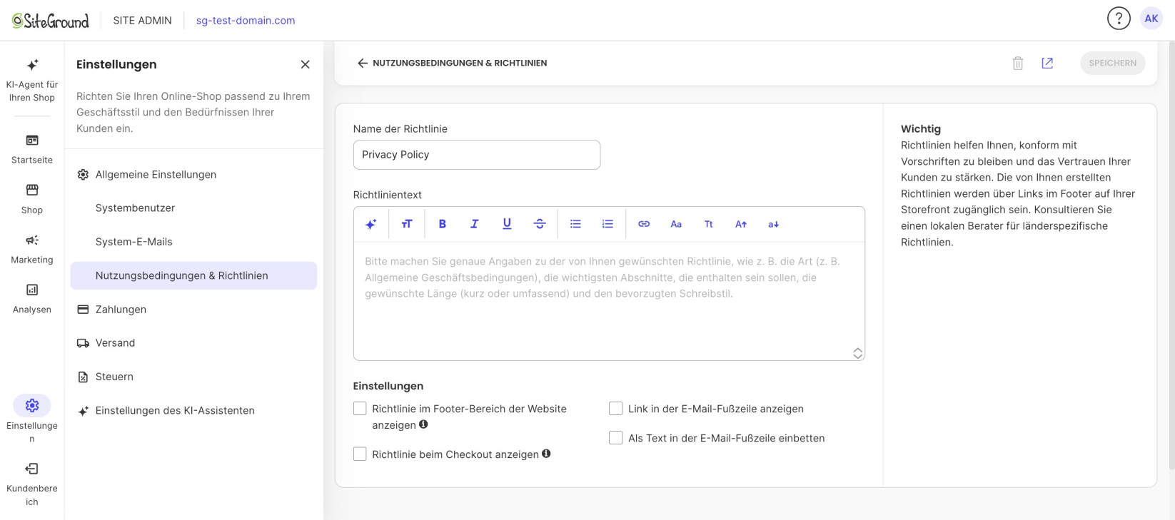 Bearbeitungsansicht einer Richtlinie mit Feld für den Richtliniennamen, Texteditor und Optionen zur Anzeige im Footer, beim Checkout und in E-Mails
