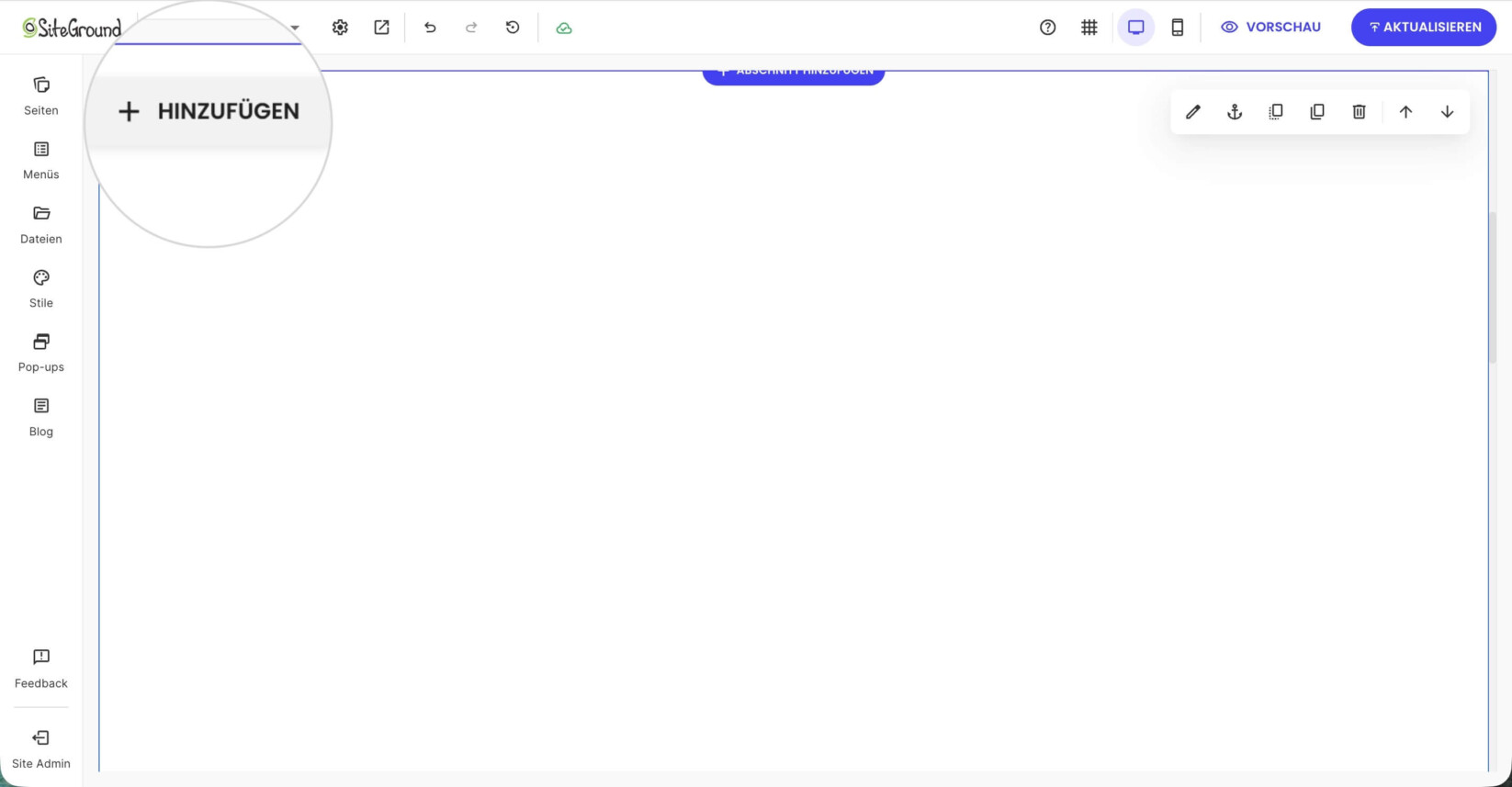 Editor-Oberfläche von Website Builder mit hervorgehobener Schaltfläche Hinzufügen, mit der neue Komponenten wie Text, Bilder oder Videos in das Seitenlayout eingefügt werden können