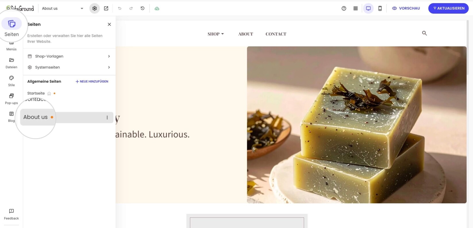 Bereich Seiten im Website Builder, in dem die Seite Über uns aus der Liste der verfügbaren Website-Seiten ausgewählt ist