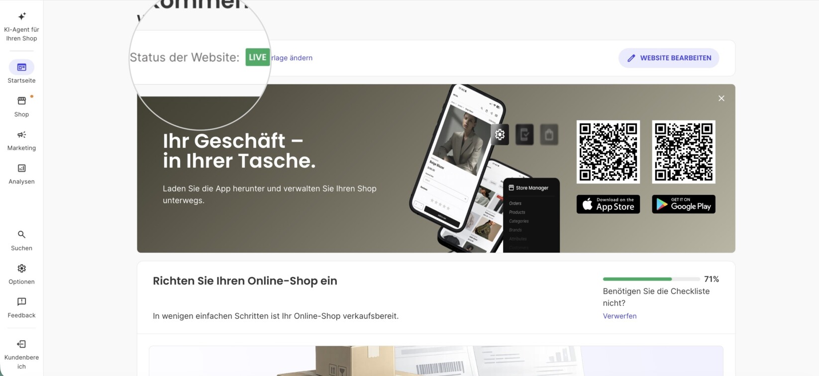 Startseite des SiteGround Site Admin (« Willkommen zurück, Aleksandar ») mit einer vergrößerten Hervorhebung des Indikators « Status der Website: LIVE ». Die Seite zeigt die Liste « Richten Sie Ihren Online-Shop ein » bei 14 % und eine Schaltfläche Website bearbeiten.