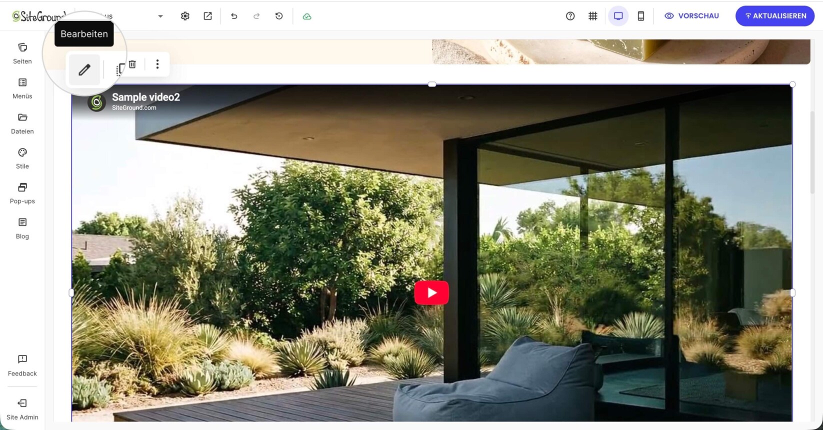 Video-Komponente auf einer Seite im Website Builder mit der schwebenden Bearbeitungssymbolleiste über dem ausgewählten Element