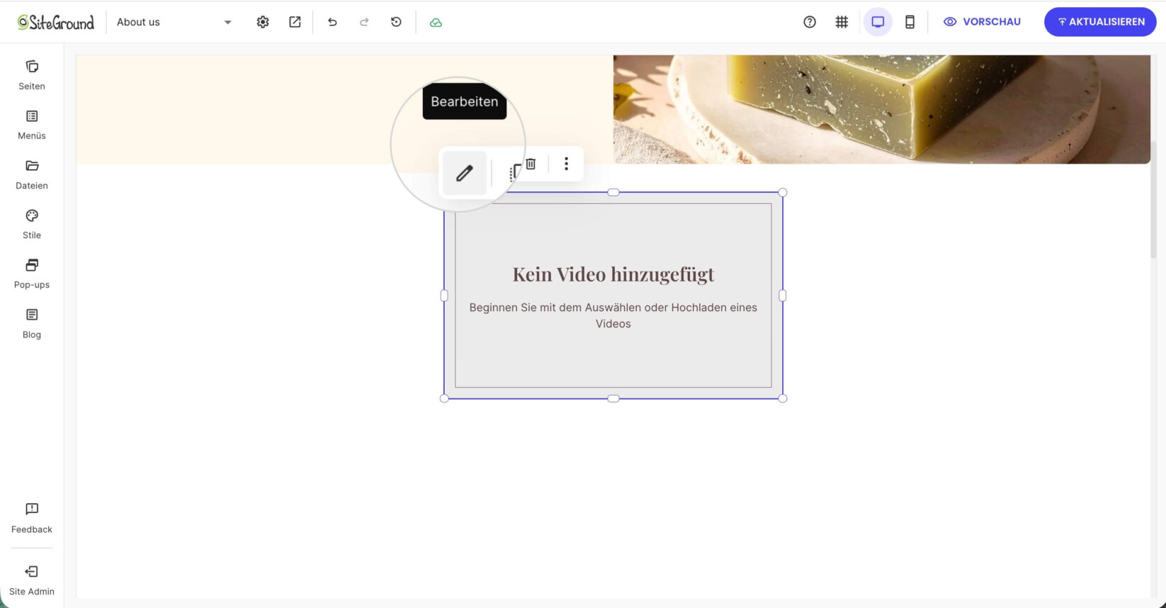 Einstellungs-Panel für Video-Komponenten mit Steuerelementen für Autoplay, Loop, Stummschaltung, Video-Steuerelemente und Vollbildoptionen