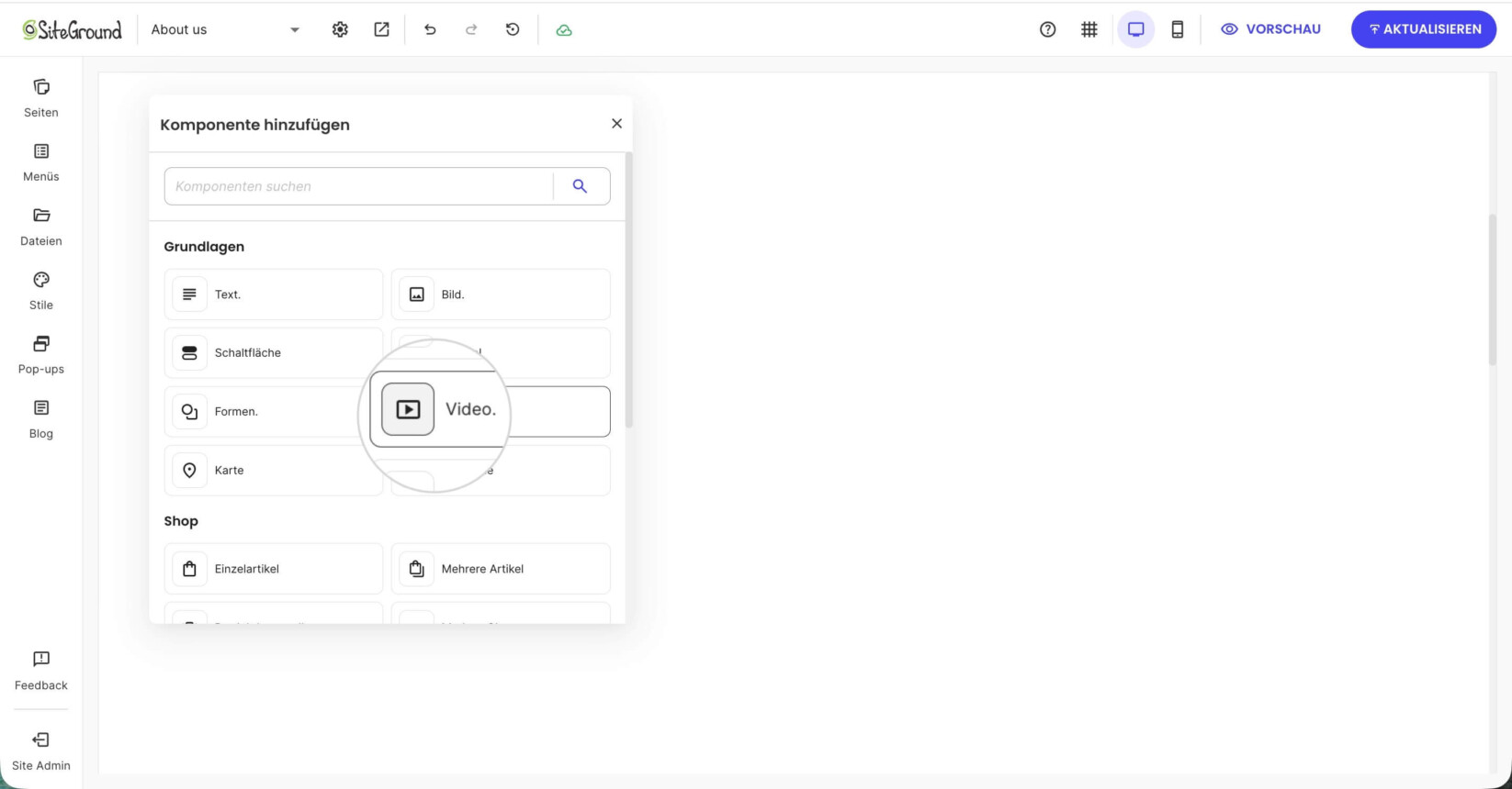 Bereich Komponente hinzufügen im Website Builder mit hervorgehobener Video-Komponentenoption zum Einbetten von Videoinhalten