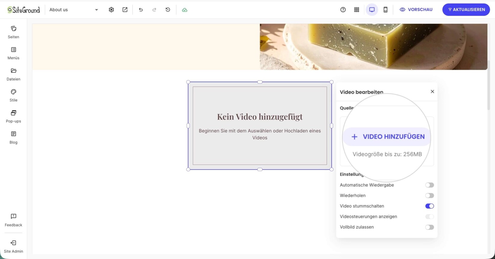 Einstellungs-Panel für Video-Komponenten mit der Schaltfläche Video hinzufügen und dem Upload-Limit, das zur Auswahl oder zum Hochladen einer Videoquelle verwendet wird