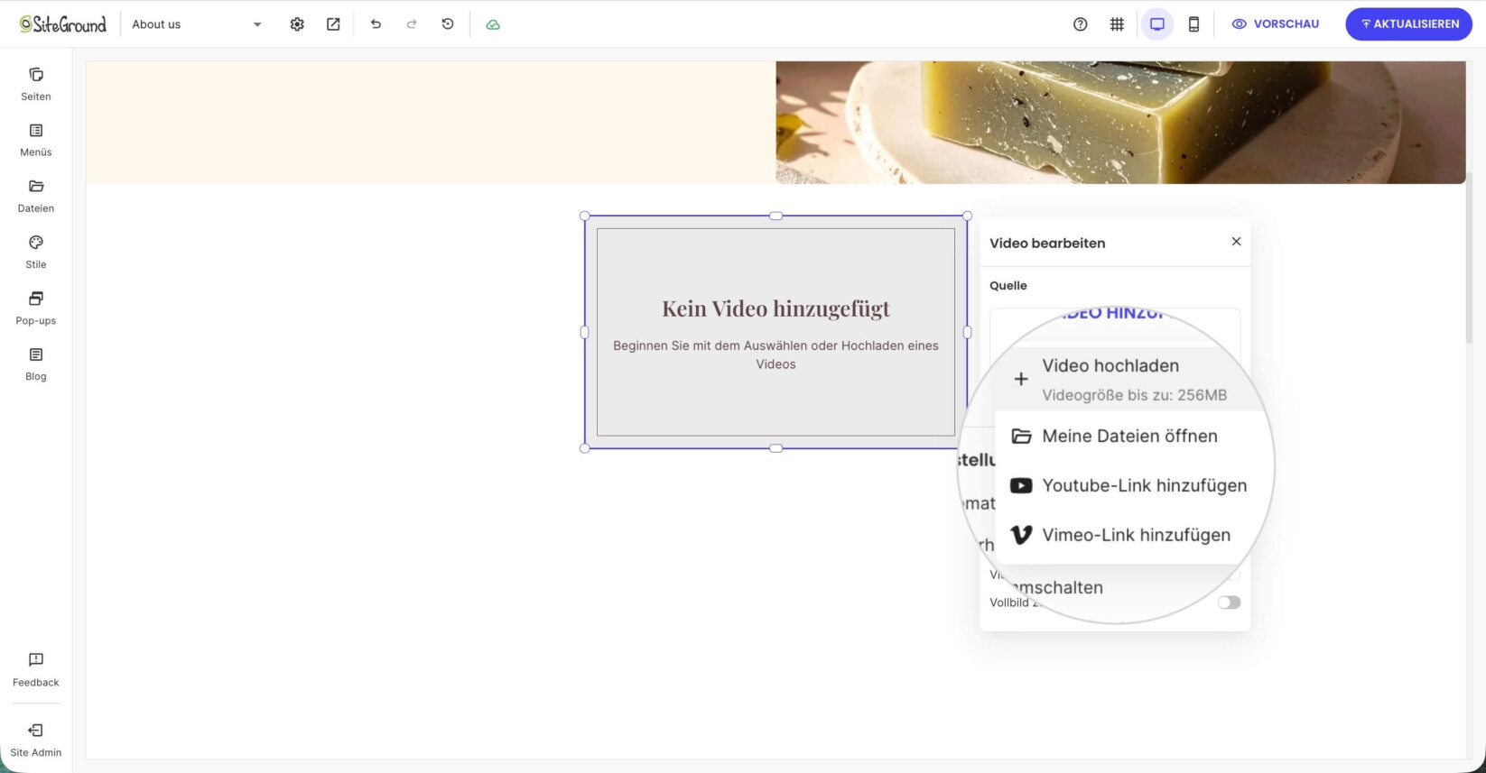Dropdown-Menü zur Auswahl einer Videoquelle, einschließlich Optionen zum Hochladen einer Datei, Auswahl aus vorhandenen Dateien oder Hinzufügen von YouTube- und Vimeo-Links