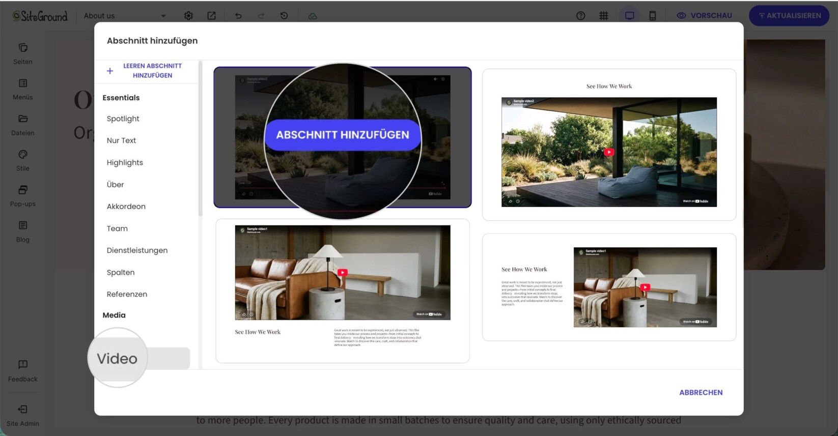 Modal Abschnitt hinzufügen in Website Builder, das verfügbare Video-Abschnitts-Layouts zum Einbetten von Videos in eine Seite anzeigt