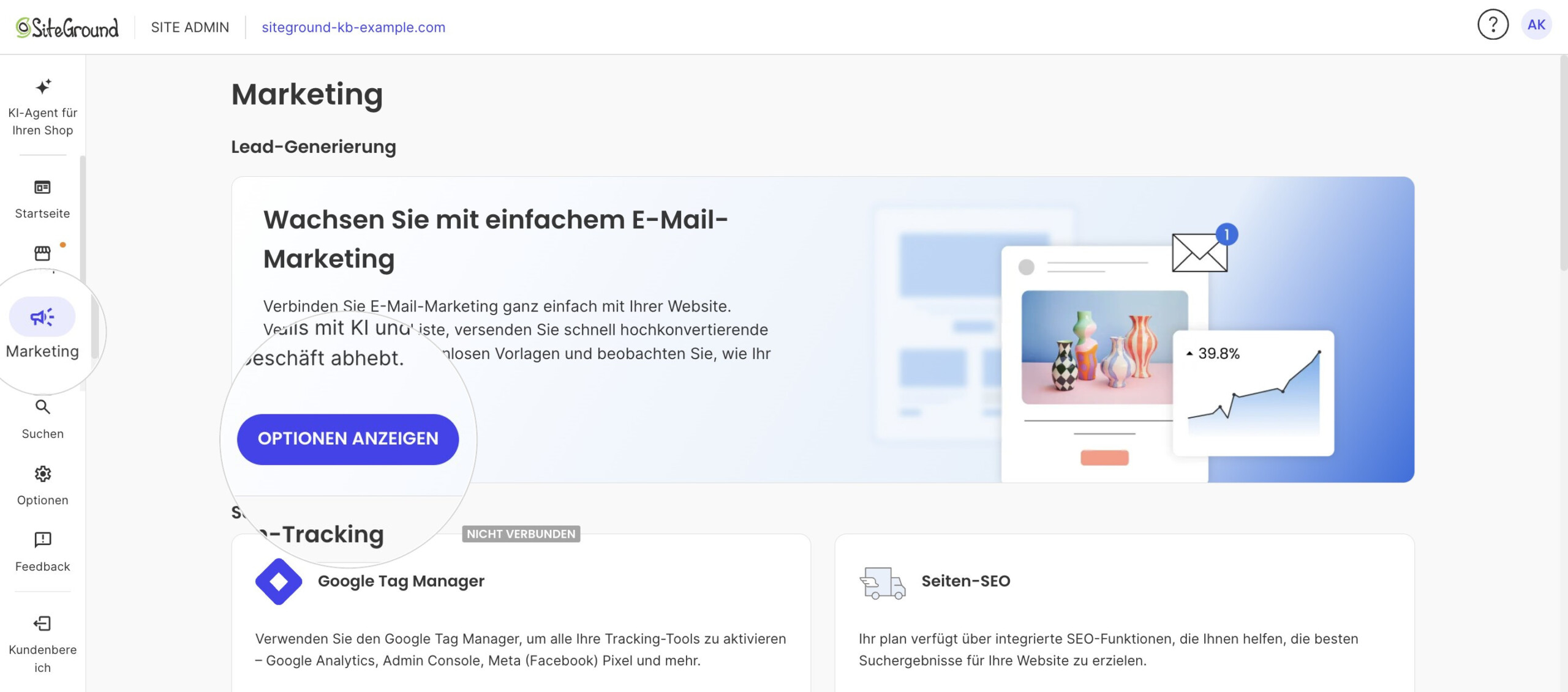 Der Bereich Marketing im Site Admin mit dem E-Mail-Marketing-Banner und der Schaltfläche Optionen anzeigen.