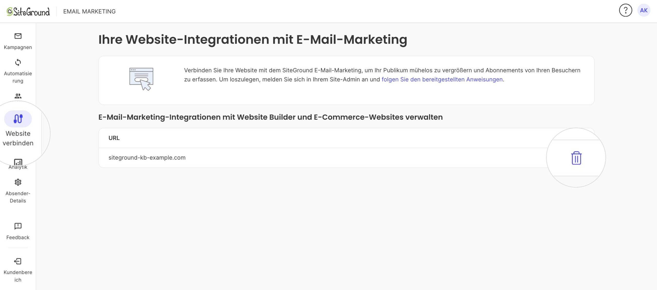 Das E-Mail-Marketing-Panel mit der verbundenen Website und dem Papierkorbsymbol zum Entfernen.