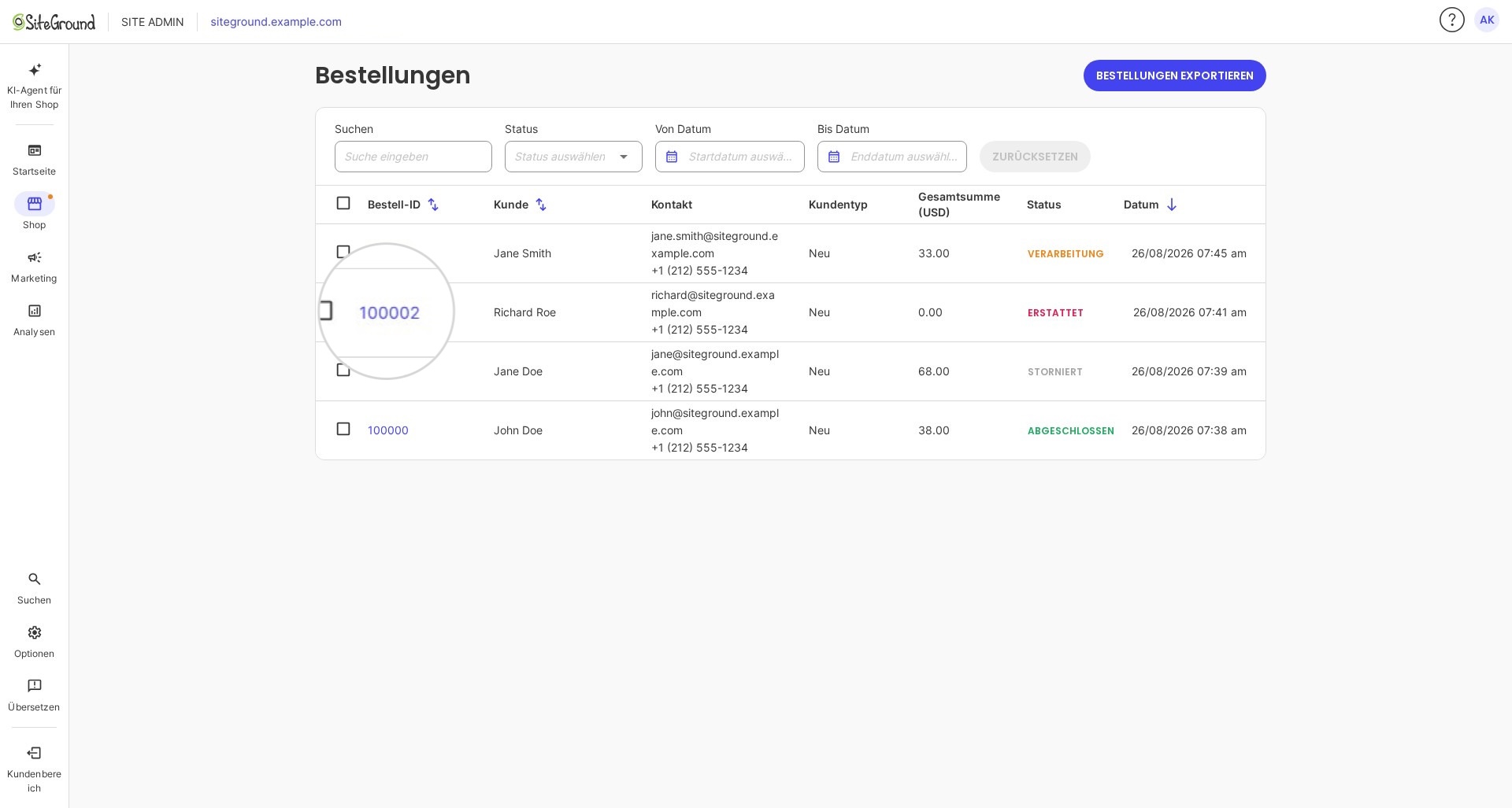 Die Bestellliste mit den Spalten Bestell-ID, Kunde, Kontakt, Summe, Status und Datum.