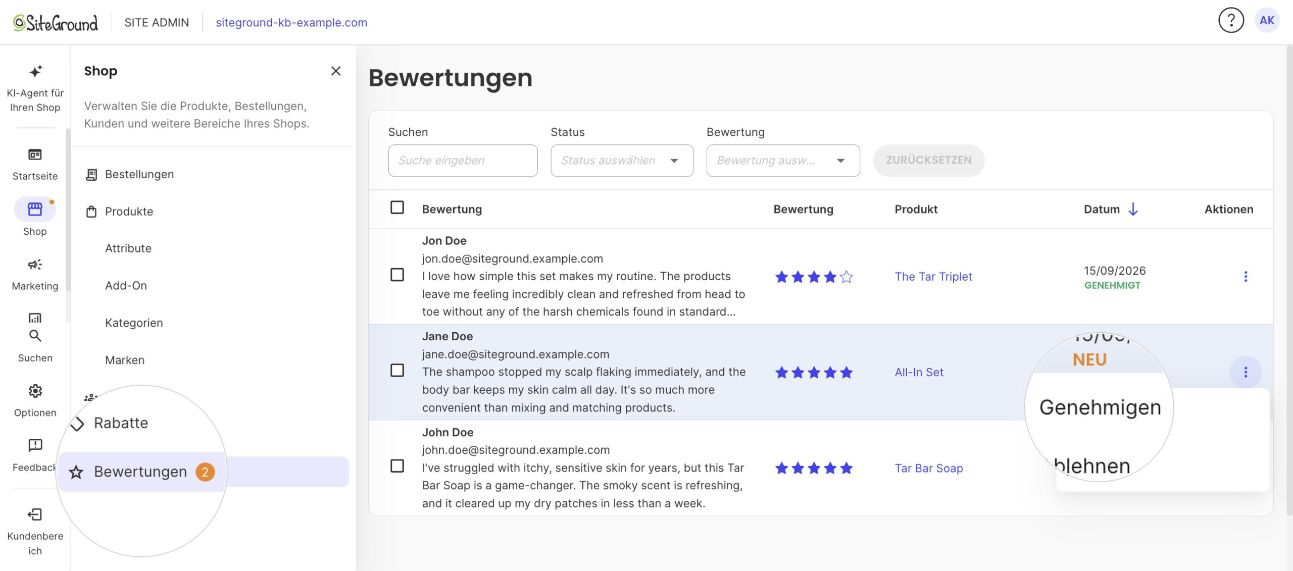 Die Bewertungsliste mit geöffnetem Aktionen-Menü einer Bewertung im Status Neu und vergrößertem Genehmigen.