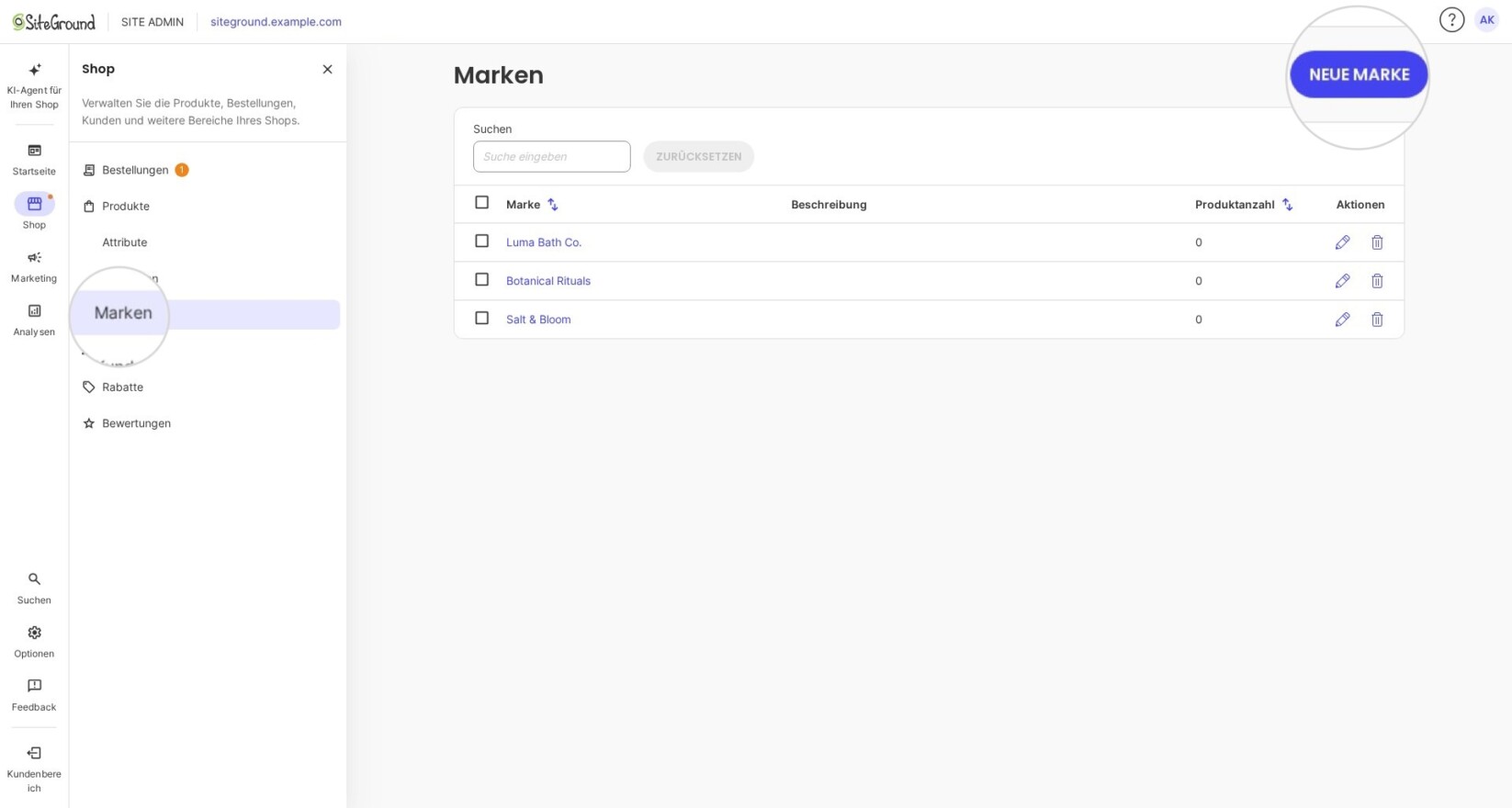 Neue Marke Schaltfläche im Markenbereich in SiteGround Ecommerce