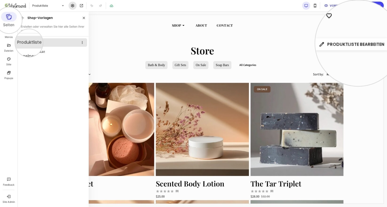 Produktliste bearbeiten SiteGround Website Builder