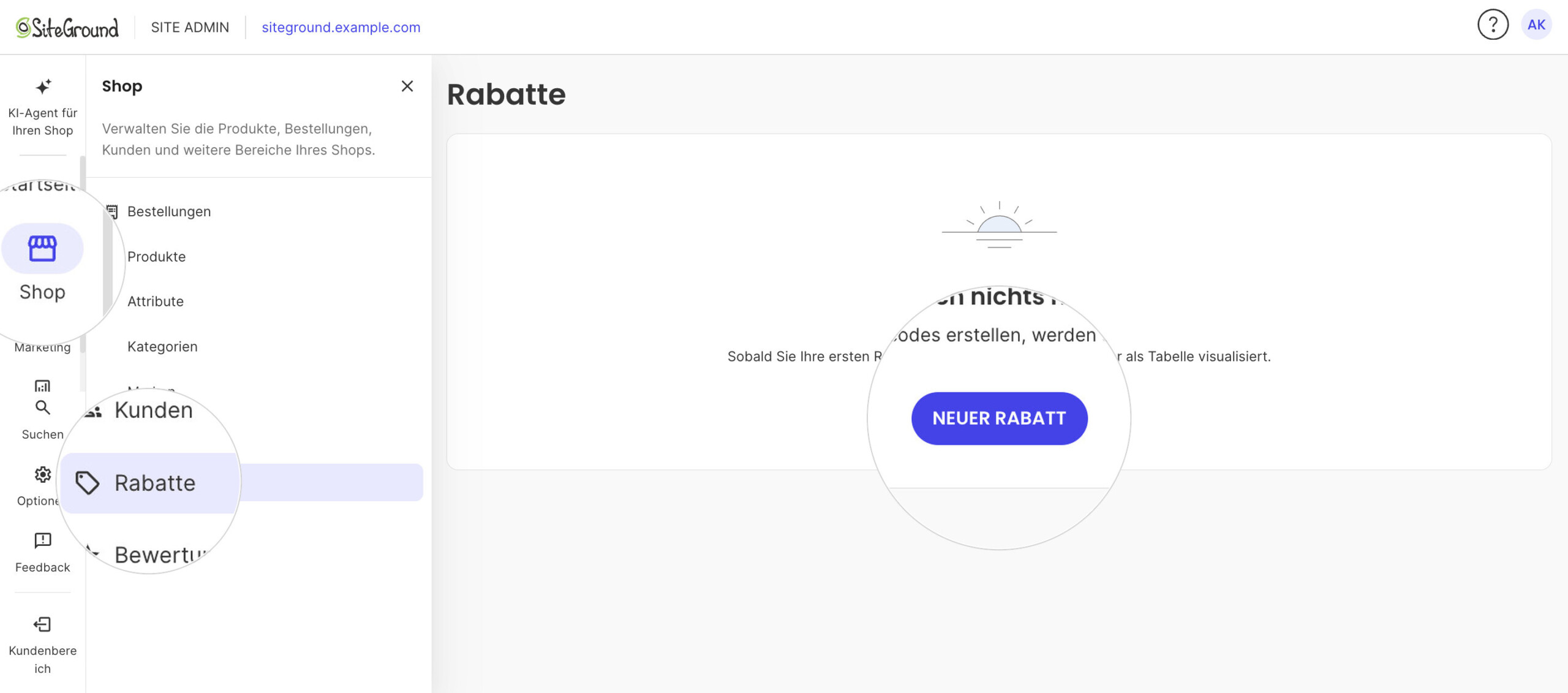 Site Admin mit geöffnetem Shop-Menü auf Rabatte; die leere Rabatte-Seite hebt NEUER RABATT hervor.