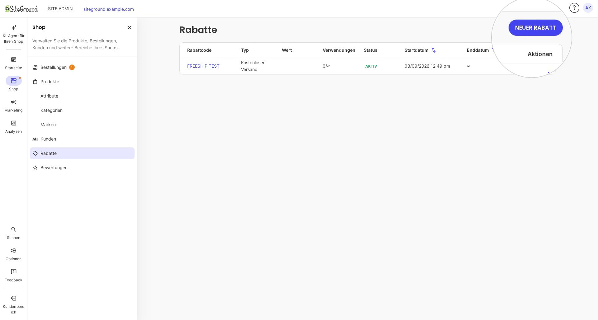 Site Admin mit geöffnetem Shop-Menü auf Rabatte; die Rabattliste hebt NEUER RABATT oben rechts hervor.
