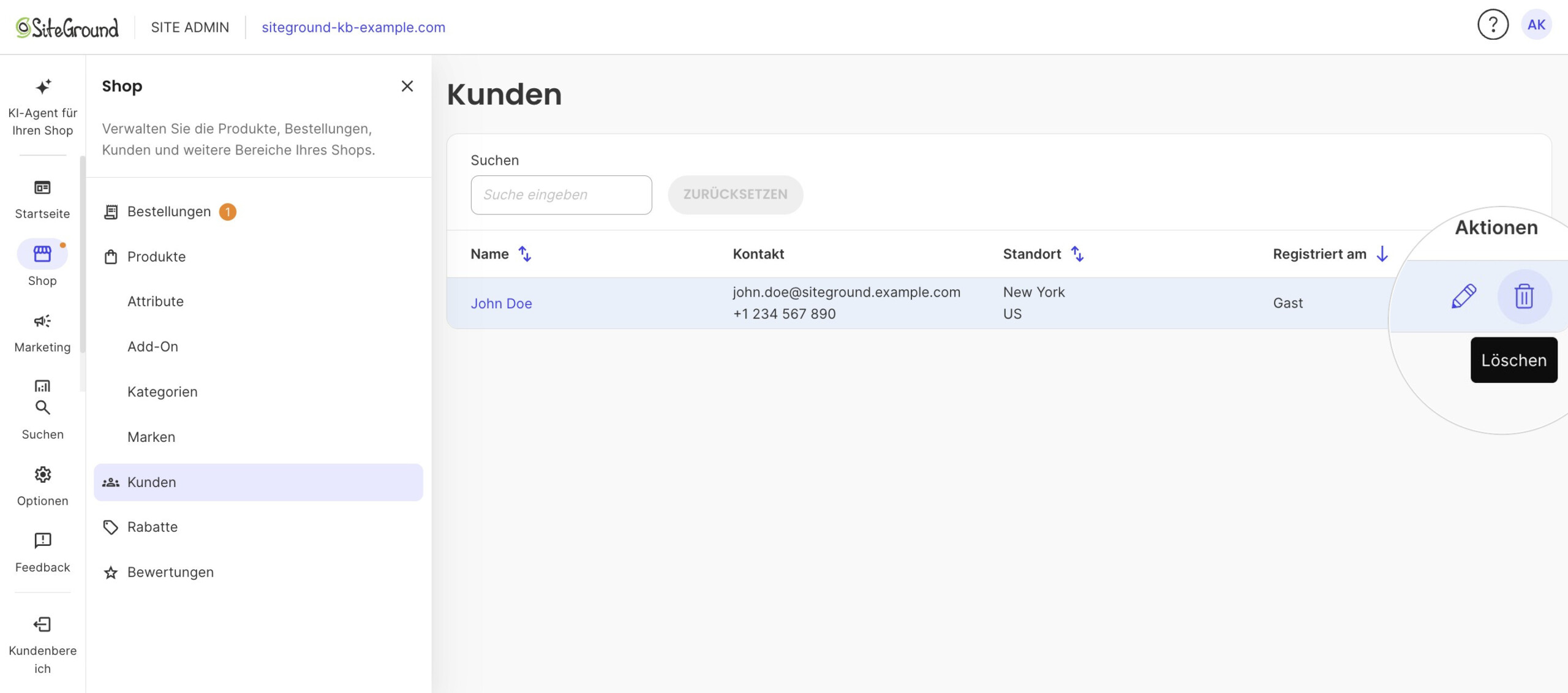 Das Shop-Panel auf Kunden, mit der Aktion Löschen der Zeile unter dem Zeiger und ihrem Tooltip.