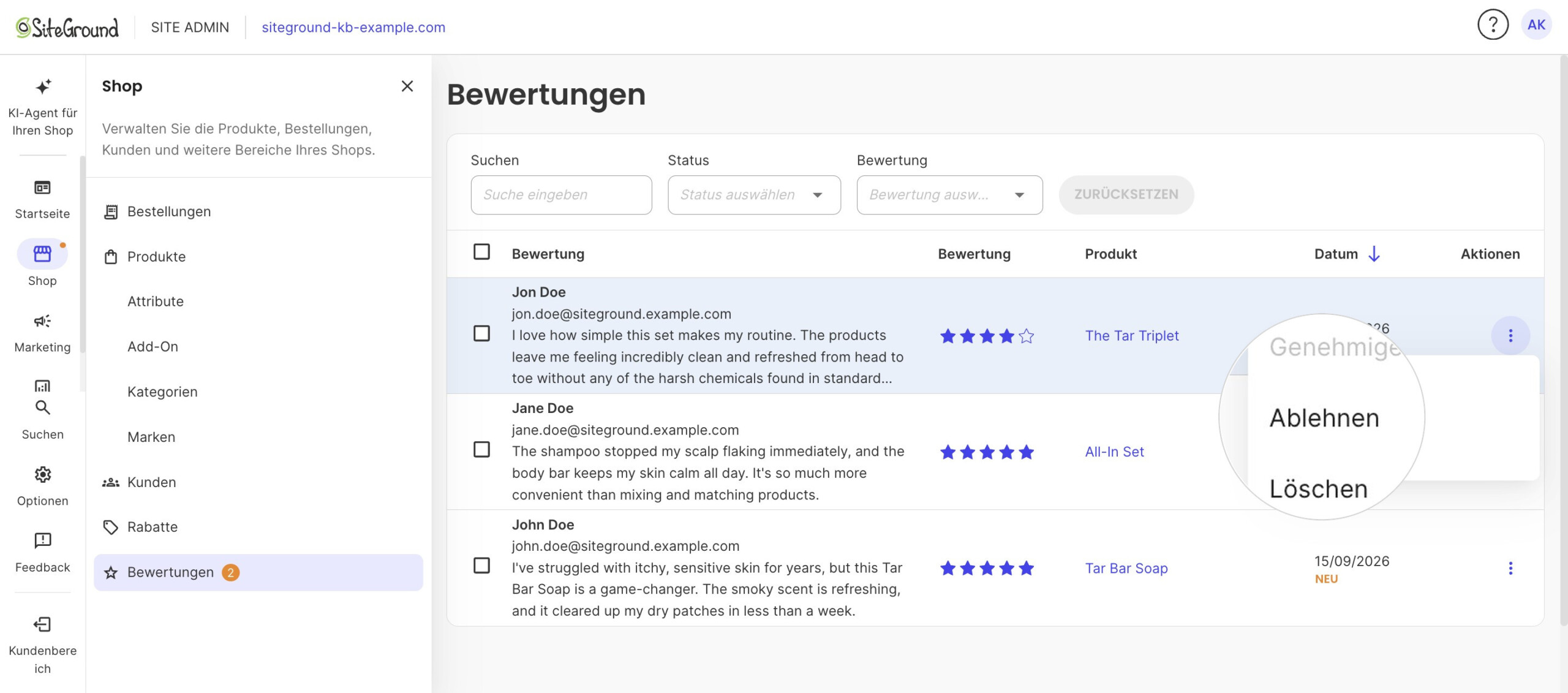 Das Aktionen-Menü einer genehmigten Bewertung: Genehmigen ist ausgegraut, Ablehnen über Löschen vergrößert.