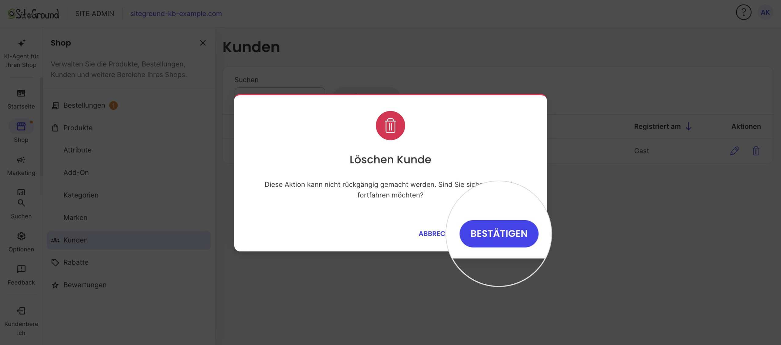 Der Dialog Löschen Kunde warnt, dass die Aktion nicht rückgängig gemacht werden kann.