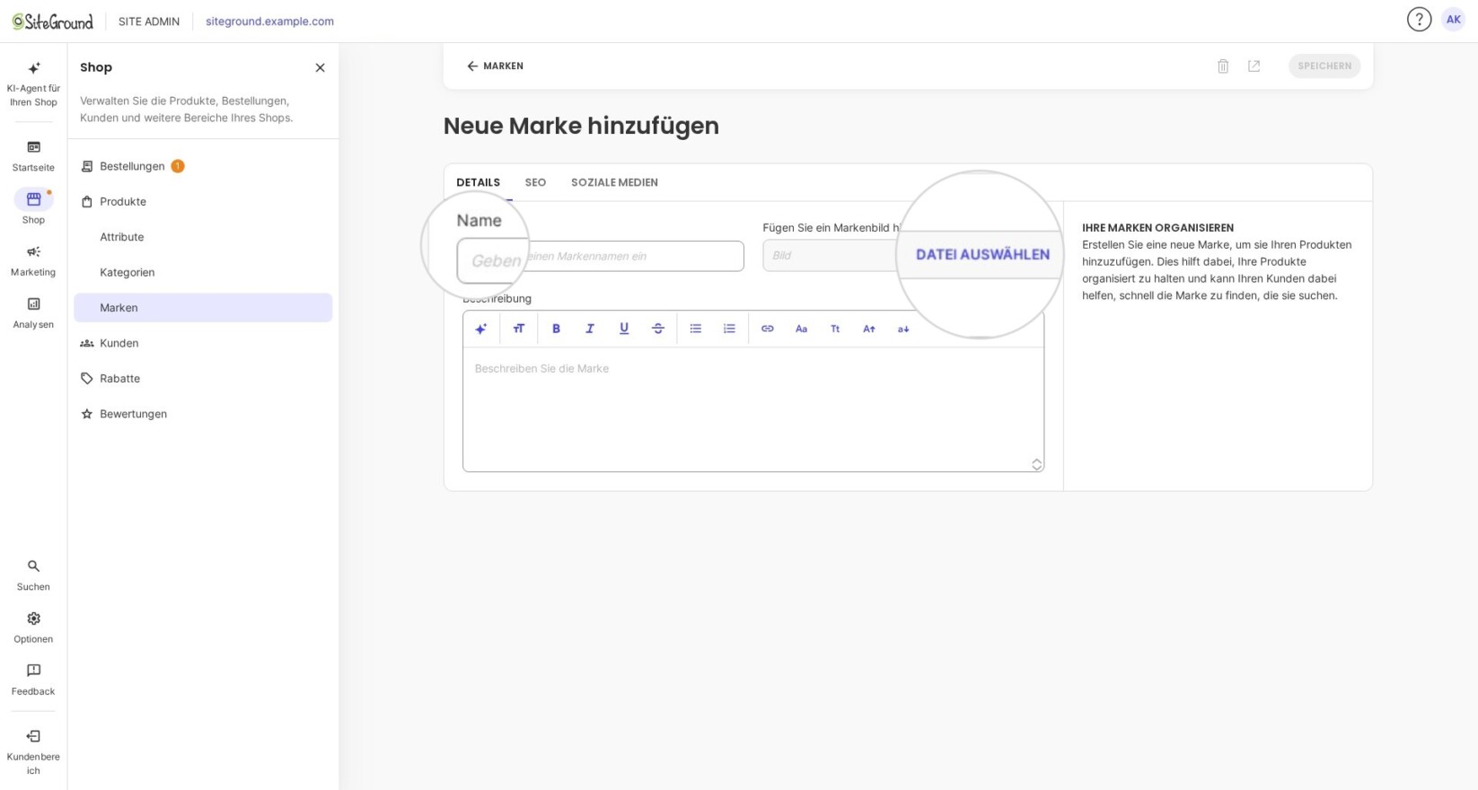 Markenname und Markenbildfelder in einem Markeneditor