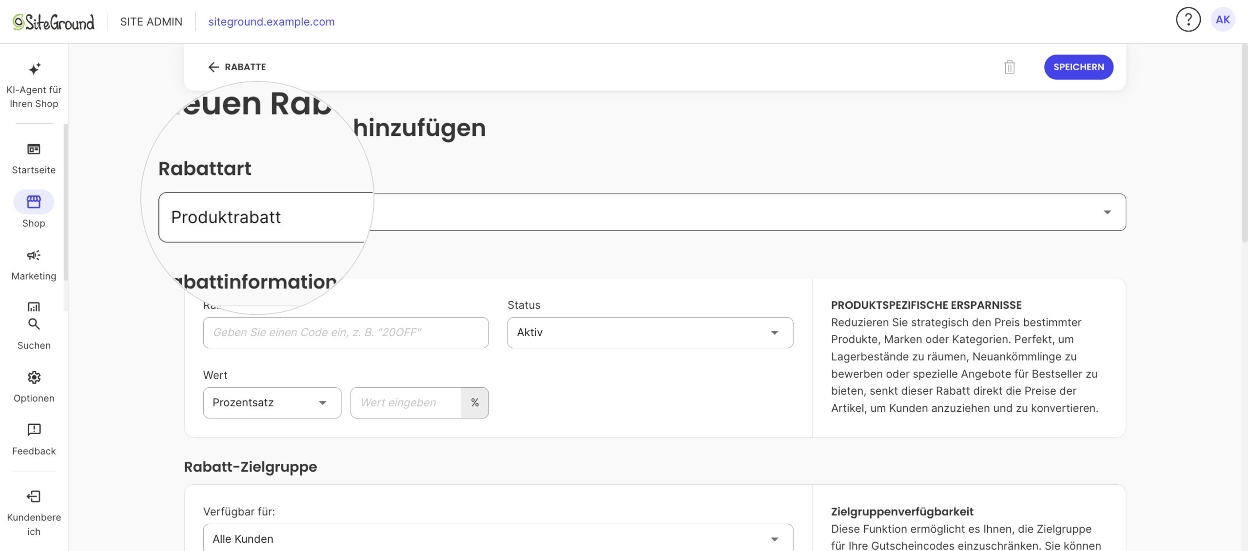 Das Formular für einen neuen Rabatt mit Rabattart auf Produktrabatt, über dem Abschnitt Rabattinformationen.