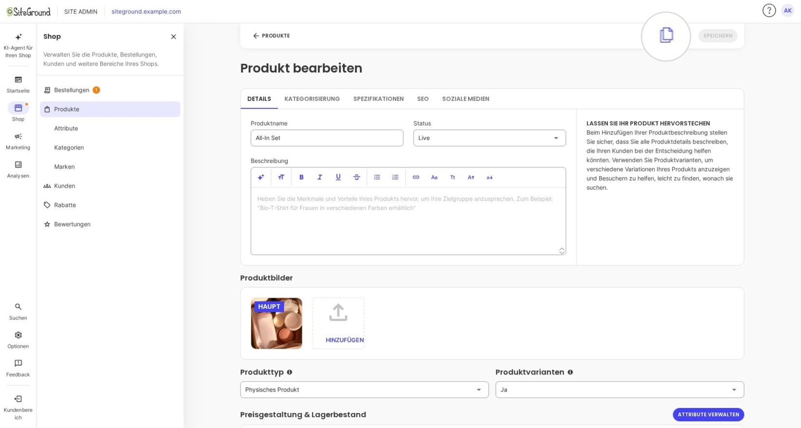 Duplizieren eines Produkts in SiteGround Ecommerce