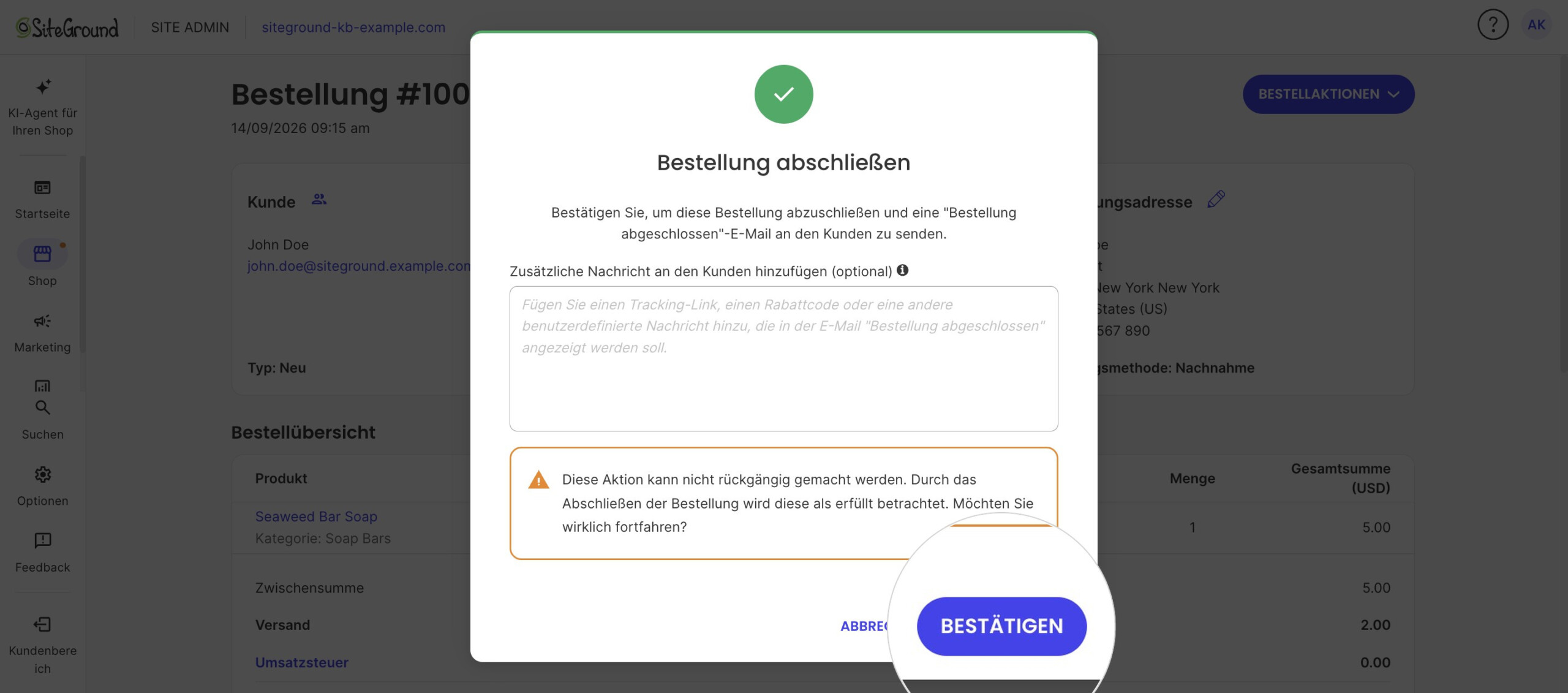 Der Dialog Bestellung abschließen erklärt, dass die Bestellung als erfüllt gilt, mit Bestätigen.