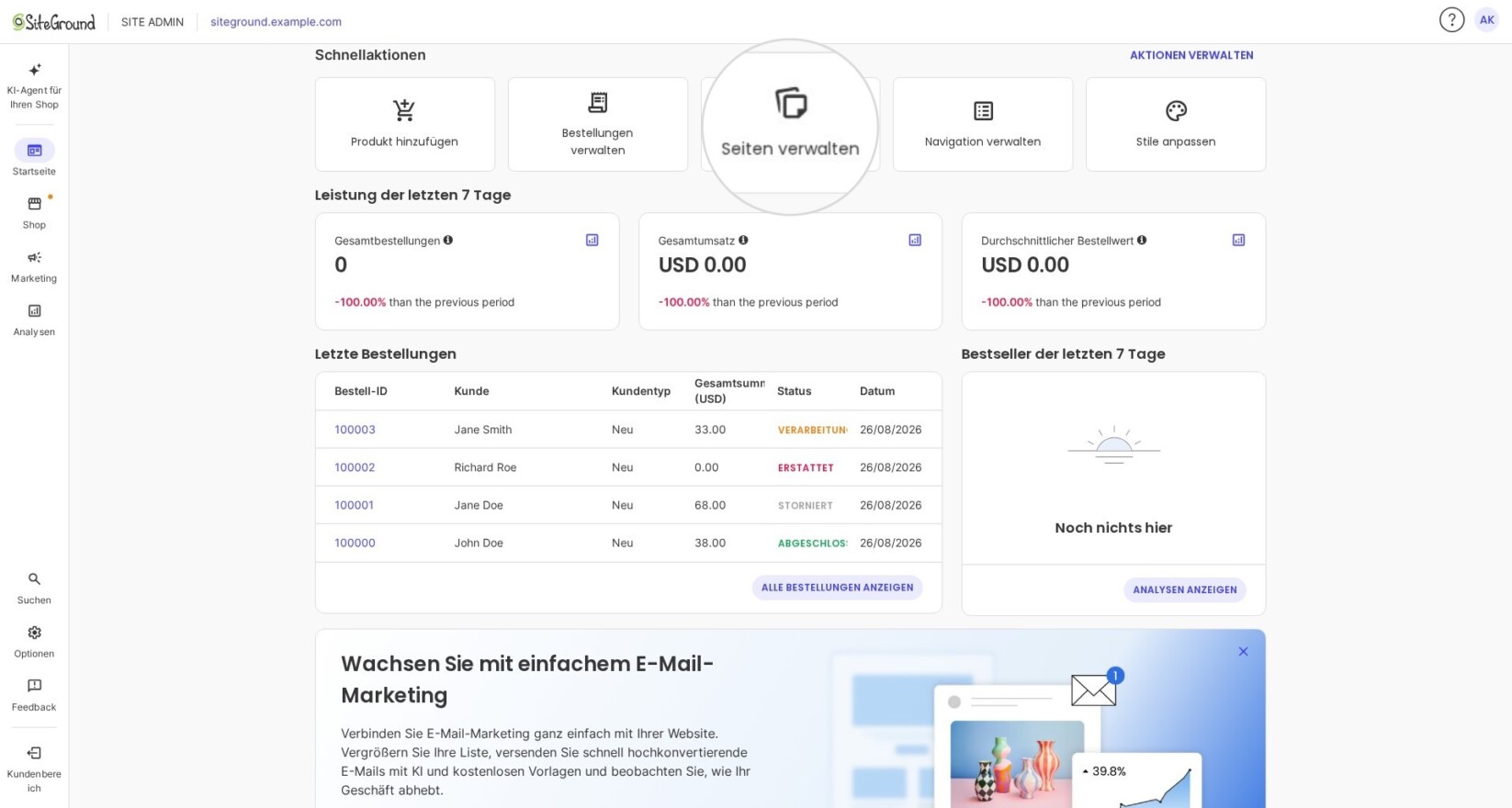 Alternativ stehen Ihnen auf dem Haupt-Dashboard „Schnellaktionen“ zur Verfügung, über die Sie „Seiten verwalten“ auswählen und zur Produktliste weitergehen können