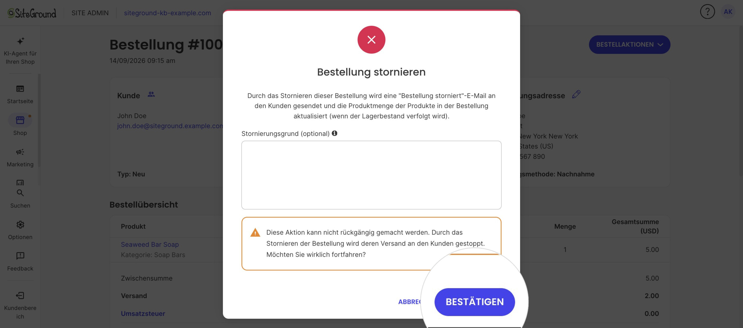 Der Dialog Bestellung stornieren warnt, dass die Aktion nicht rückgängig gemacht werden kann.